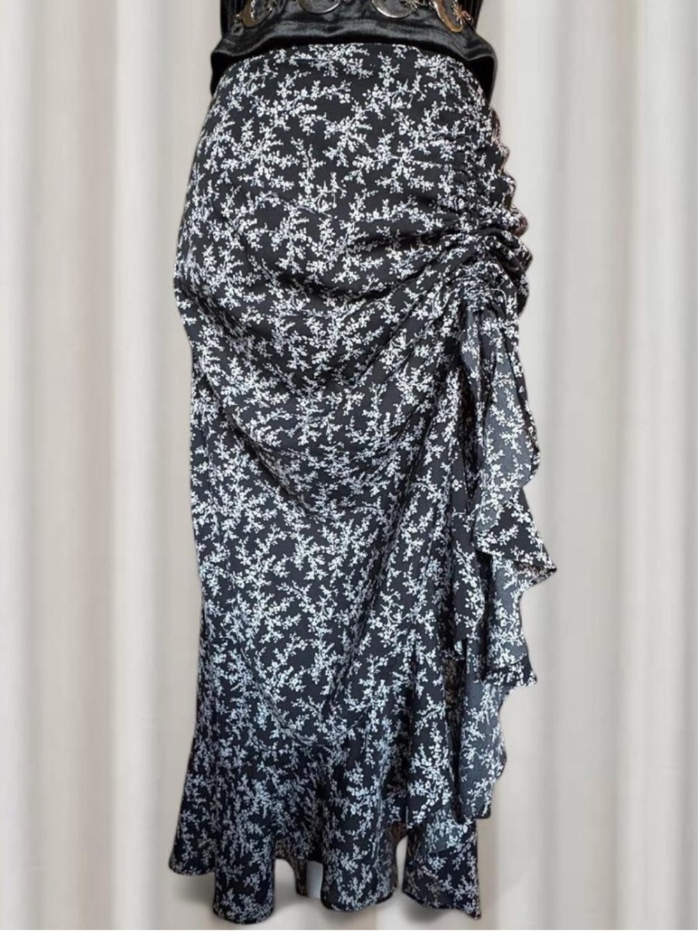 Black and White Floral Ruffle Midi Skirt